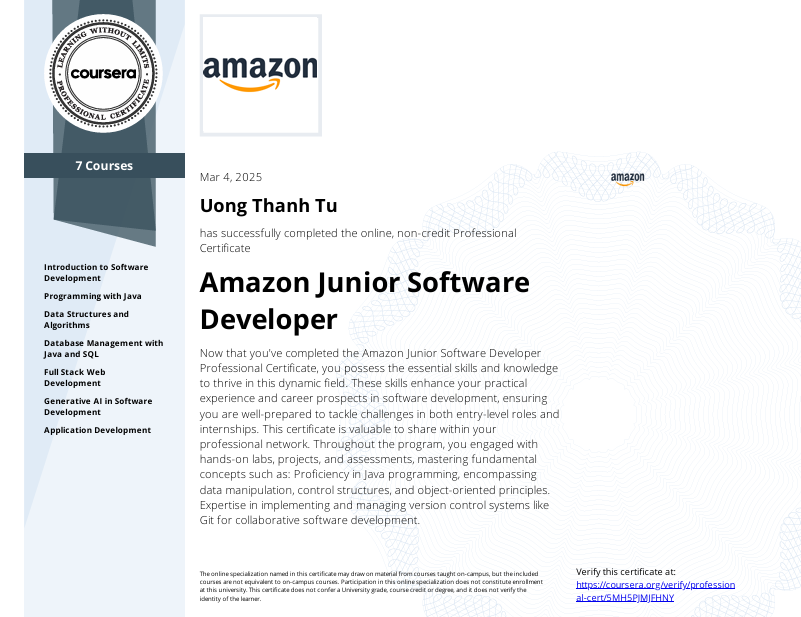Certificate: Amazon Junior Software Developer